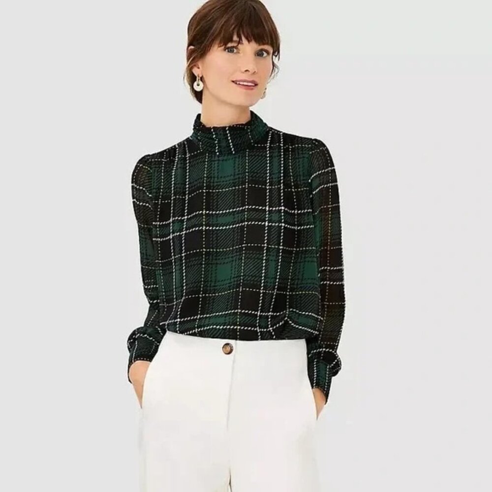 Ann Taylor plaid shirred mock neck top